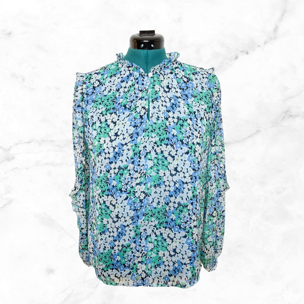 Ann Taylor LOFT Blue & Green Floral Garden Ruffle Sleeve Blouse Size Large